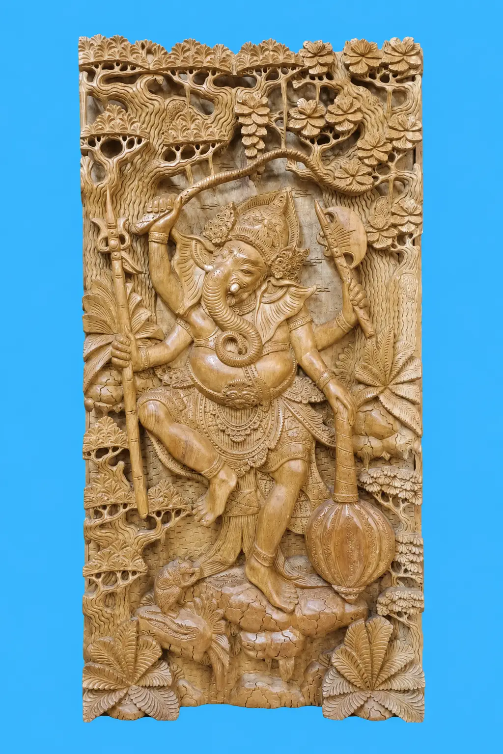 Ganesha in the Sacred Forest Hand-Carved Wooden Panel - Balinese Wall Panel Carvings