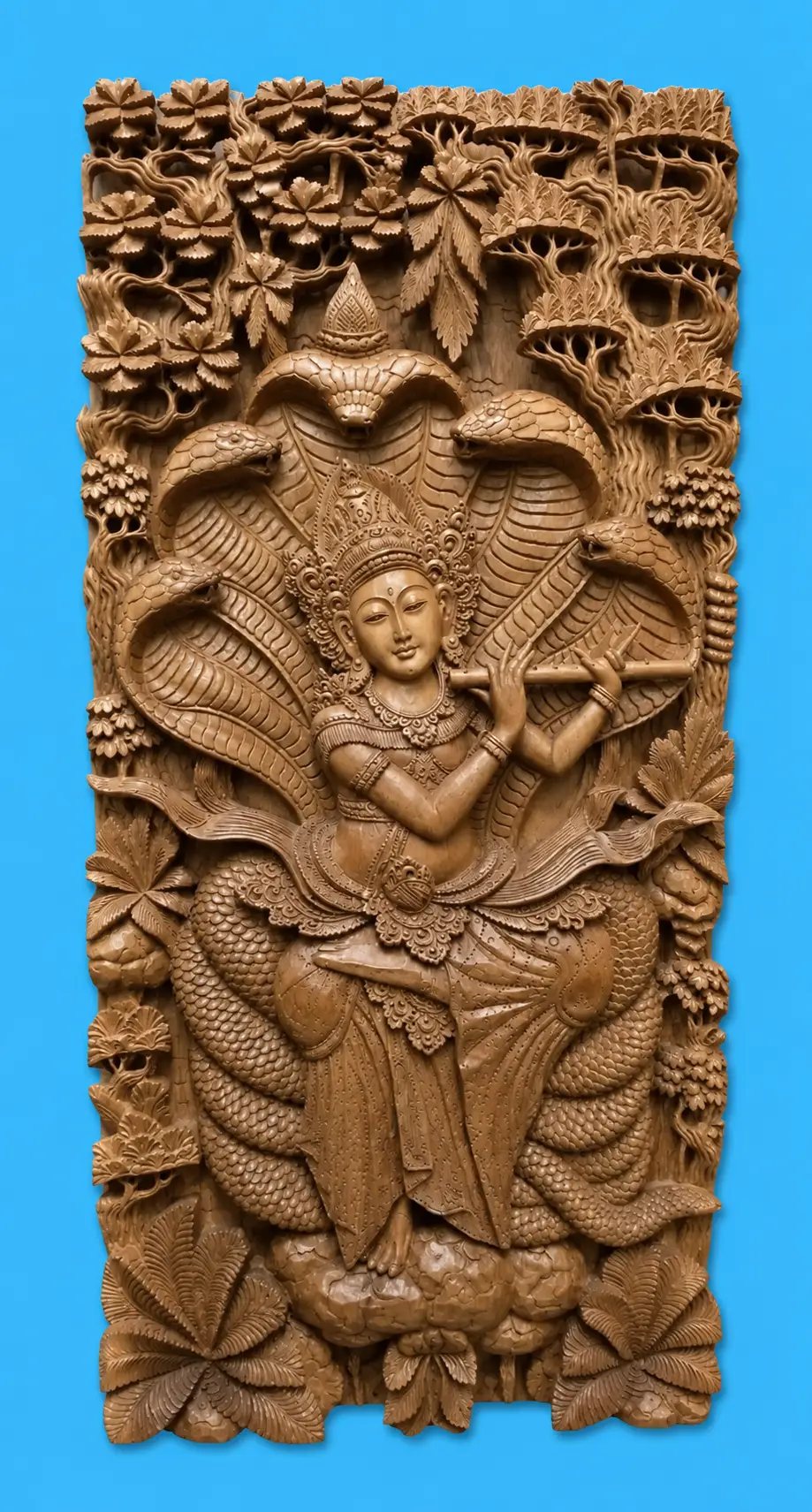 Lord Shiva and the Sacred Cobras Wooden Relief Panel