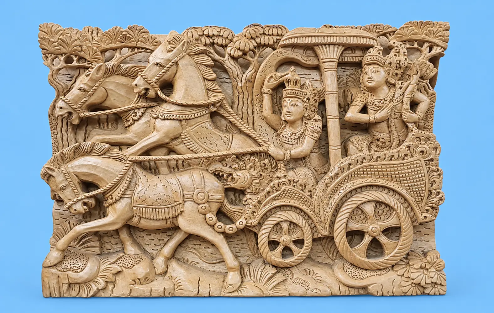 Arjuna and Krishna – Mahabharata Wooden Wall Panel - Balinese Wall Panel Carvings